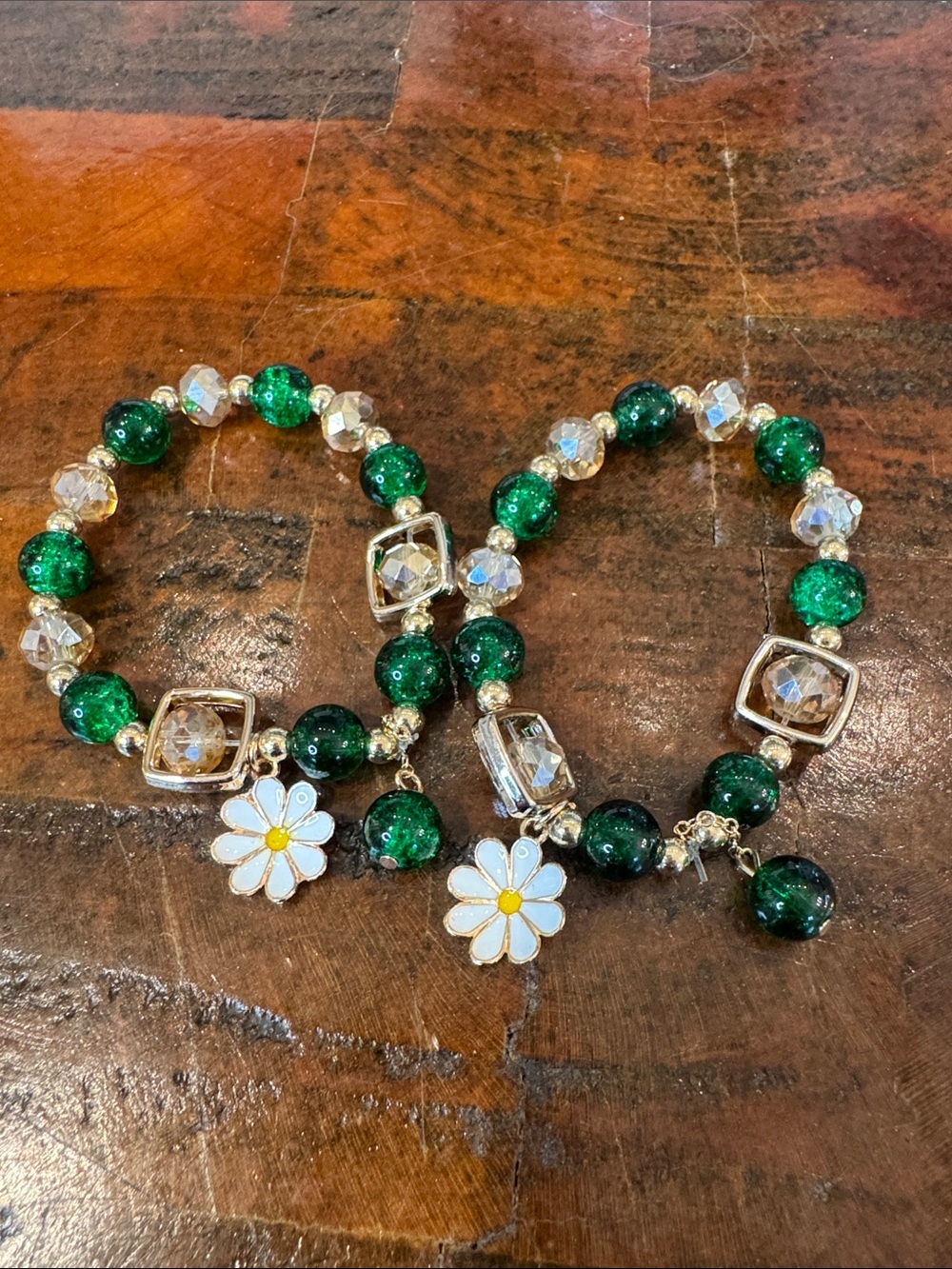 Green Beaded Daisy Charm Stretch Bracelets - Set of 2